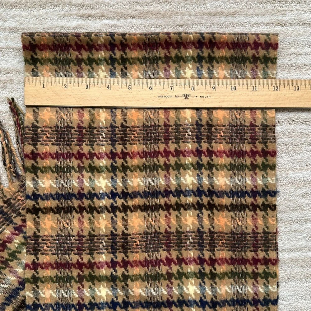 Made in Scotland 100% Cashmere Scarf Classic Tan and Multi Plaid Fringe Ends